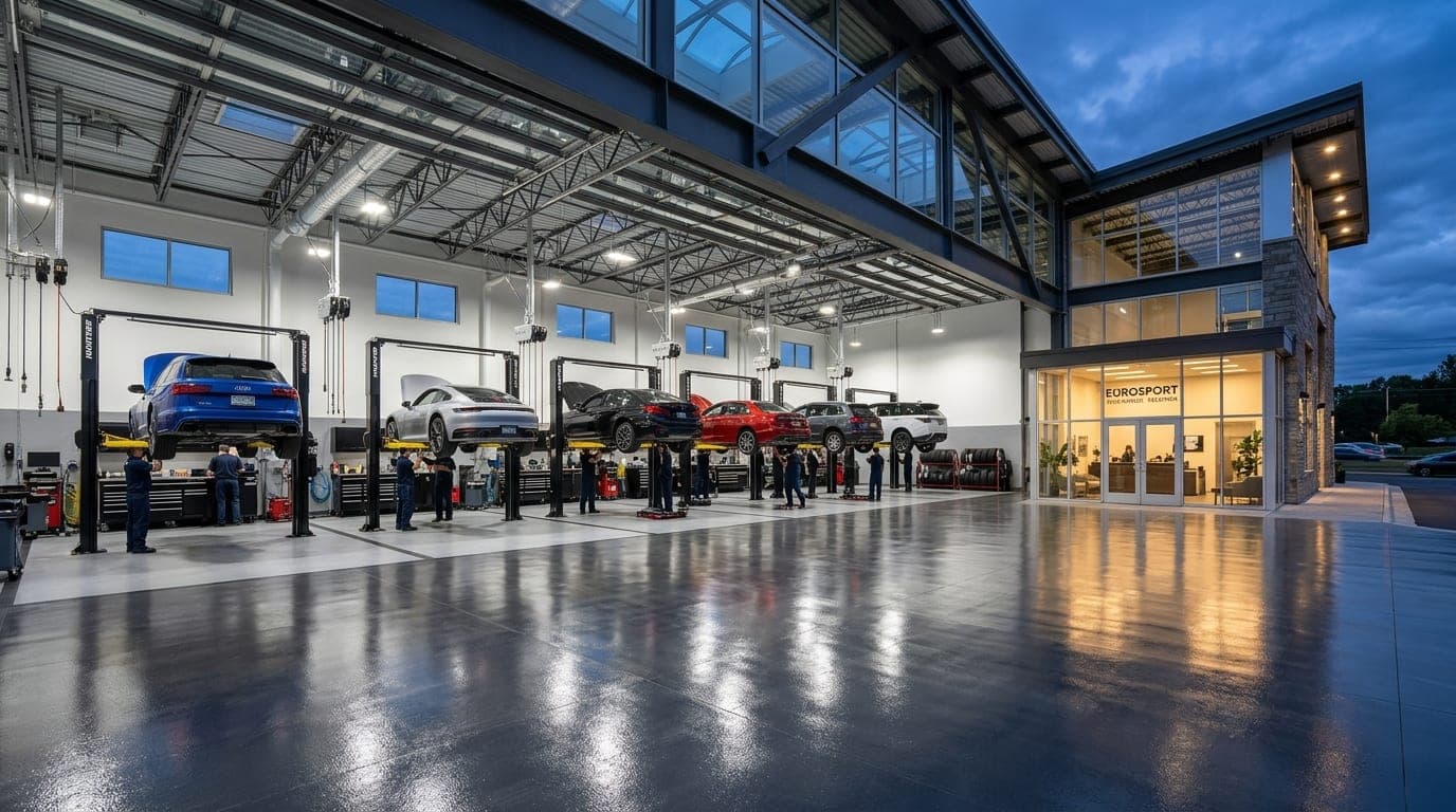 Modern auto repair customer reception lounge and epoxy coated service bay