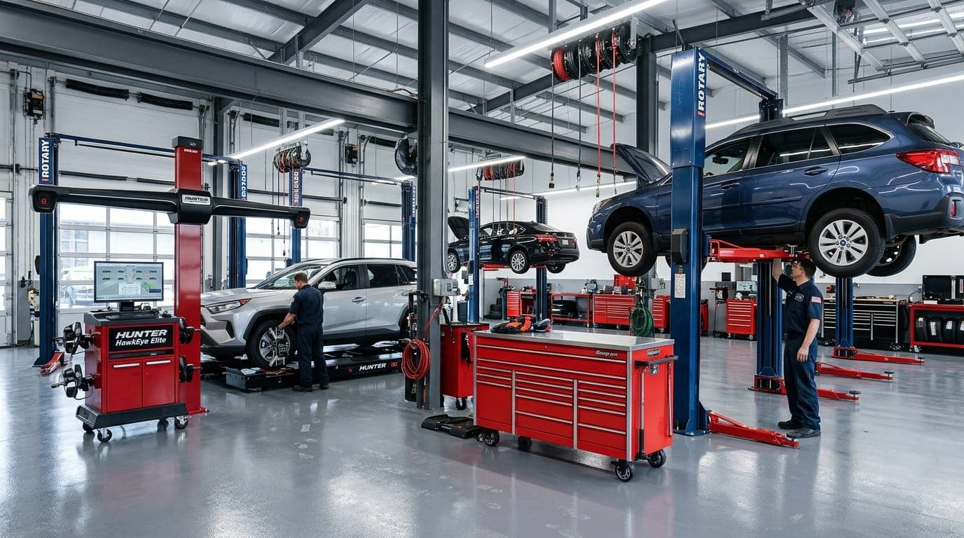 Hydraulic 2-post and 4-post automotive service lifts installed in busy commercial auto repair shop