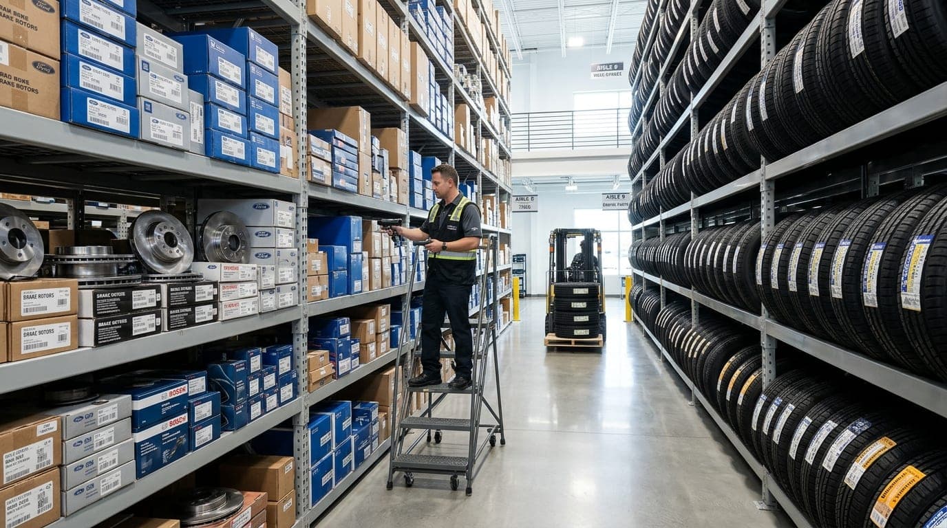 Organized wholesale tire racks and OEM parts warehouse in modern repair facility