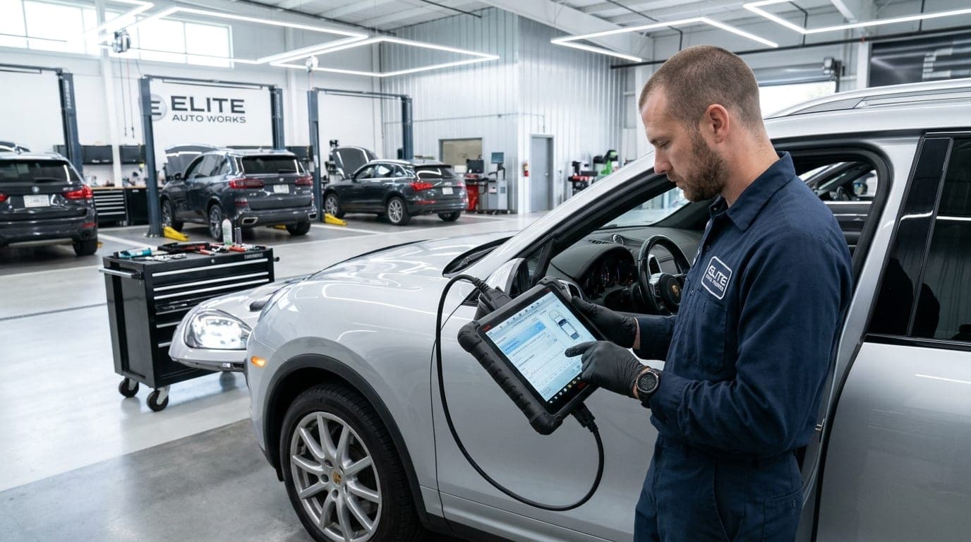 Automotive diagnostic technician using wireless touchscreen scanner tablet on luxury SUV