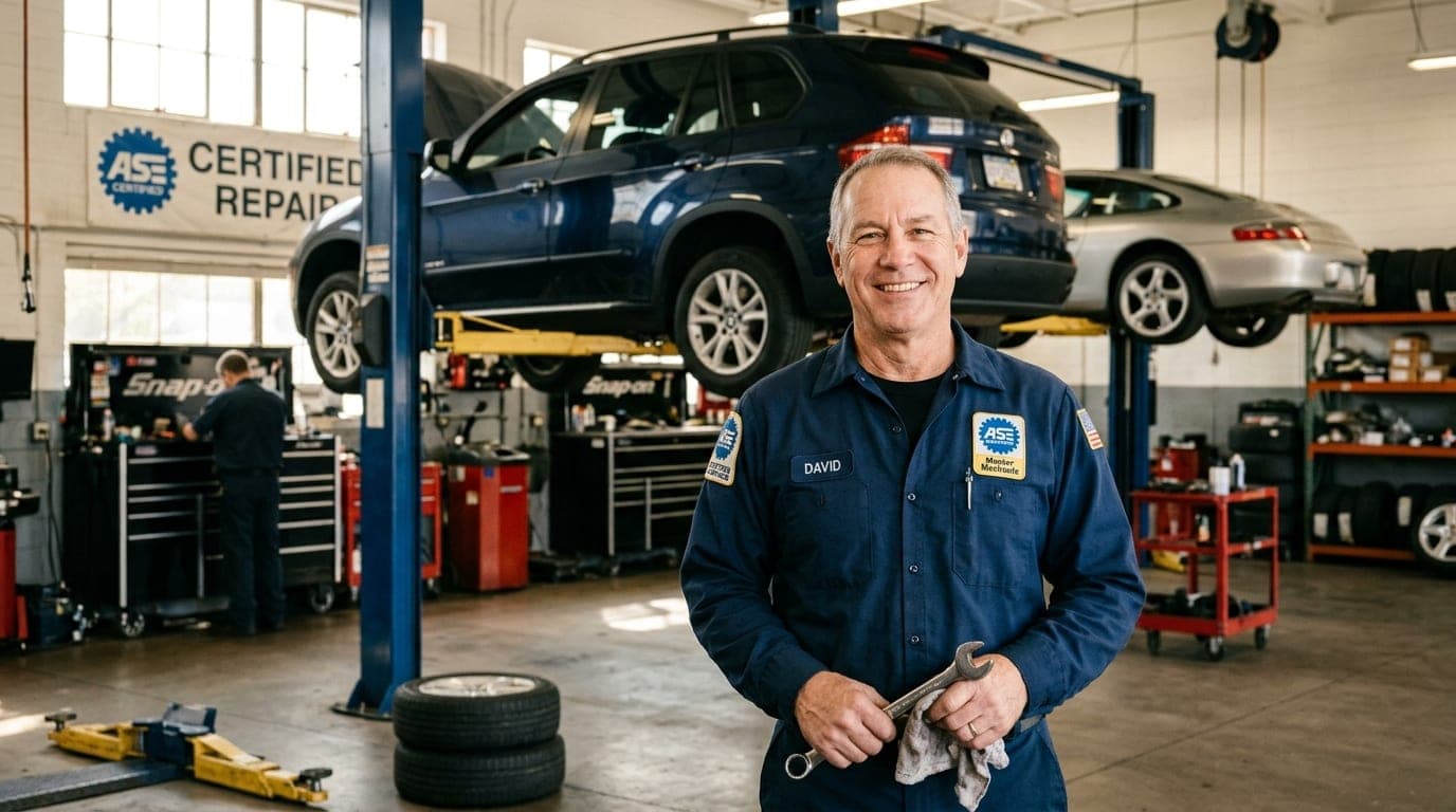 Friendly experienced ASE master mechanic in clean uniform in front of service bays