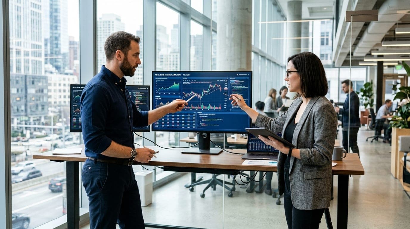 Financial technology developer and specialist analyzing real-time financial charts in contemporary glass office