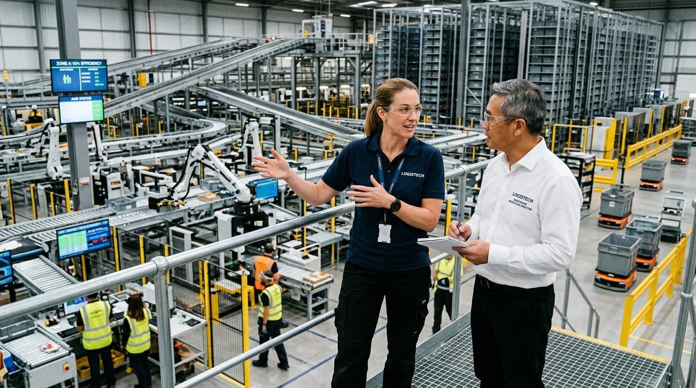 Operations director and engineer in high-tech modern automated logistics facility discussing equipment