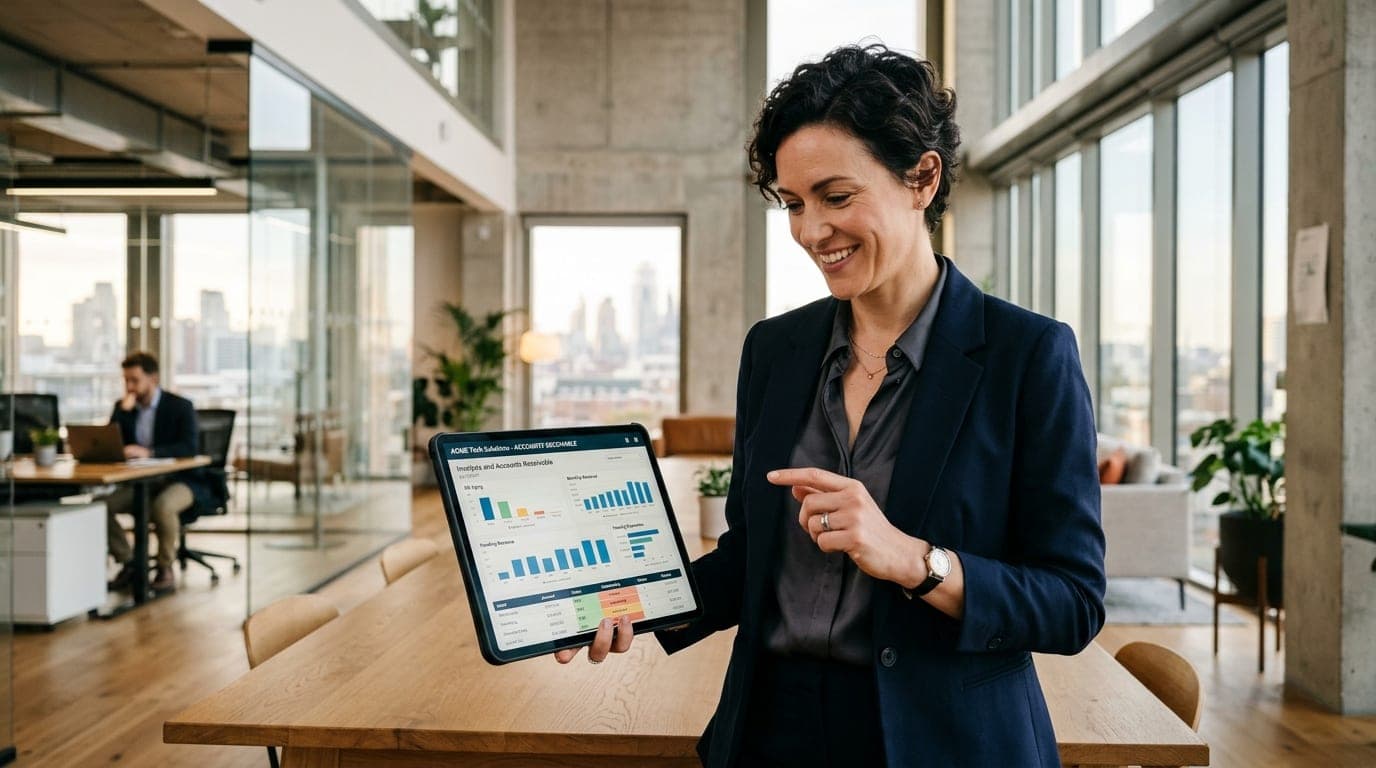 Professional consultant and business founder reviewing digital invoices on tablet in modern loft office