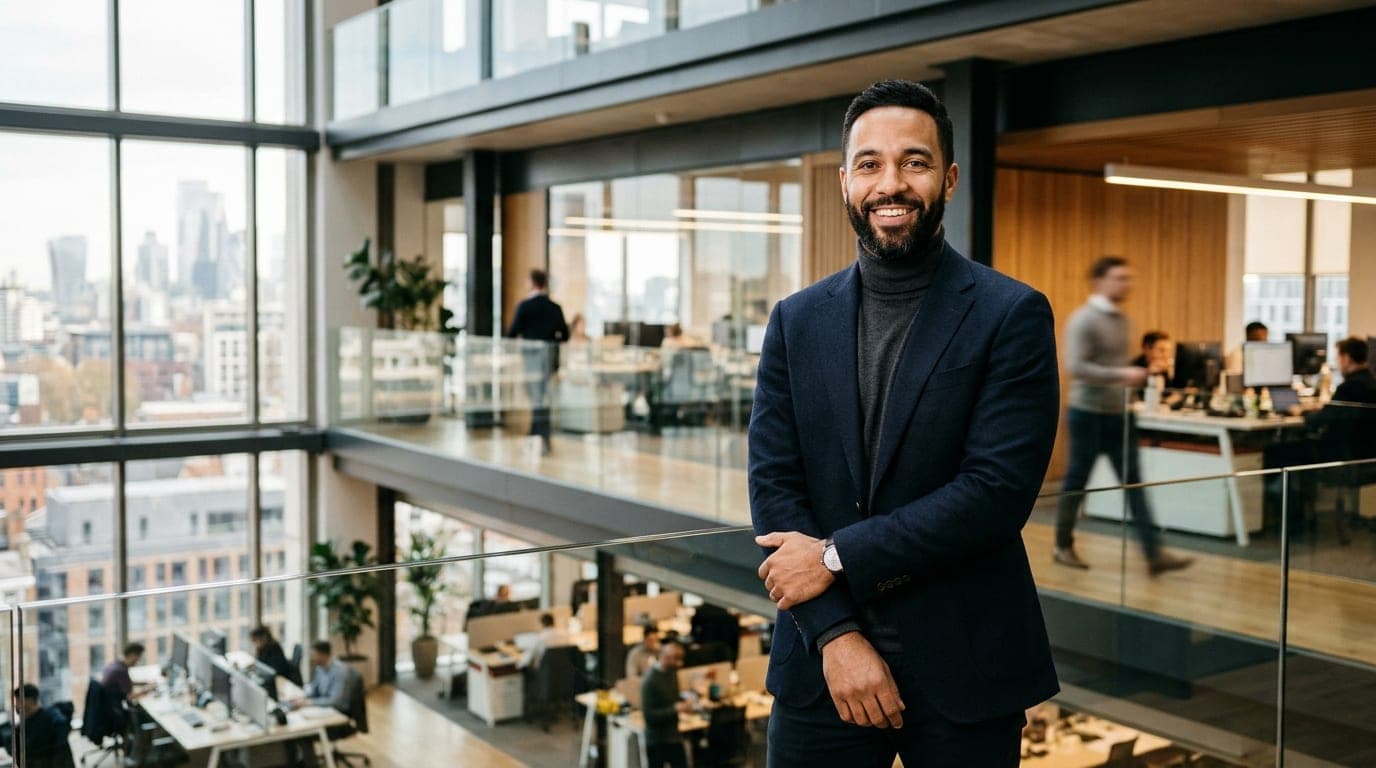 Senior financial advisor and loan specialist smiling in modern corporate headquarters