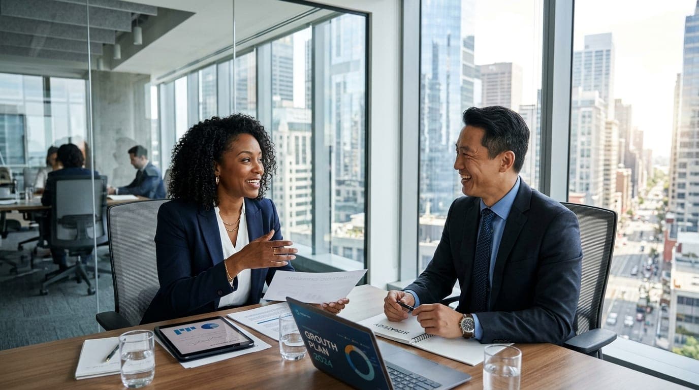 Diverse business partners and executives smiling while discussing expansion plans in modern boardroom