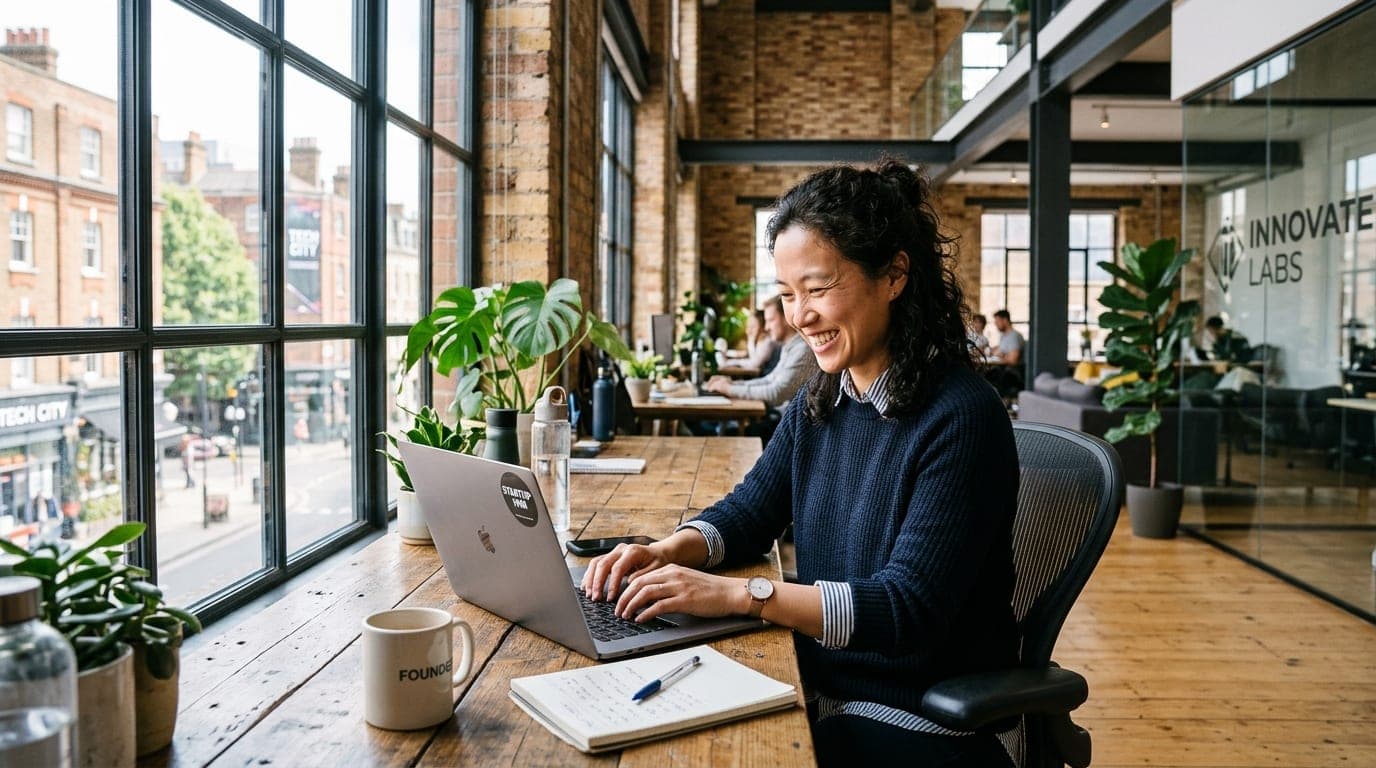 Tech founder and developer reviewing software startup revenue growth on laptop in modern sunlit office