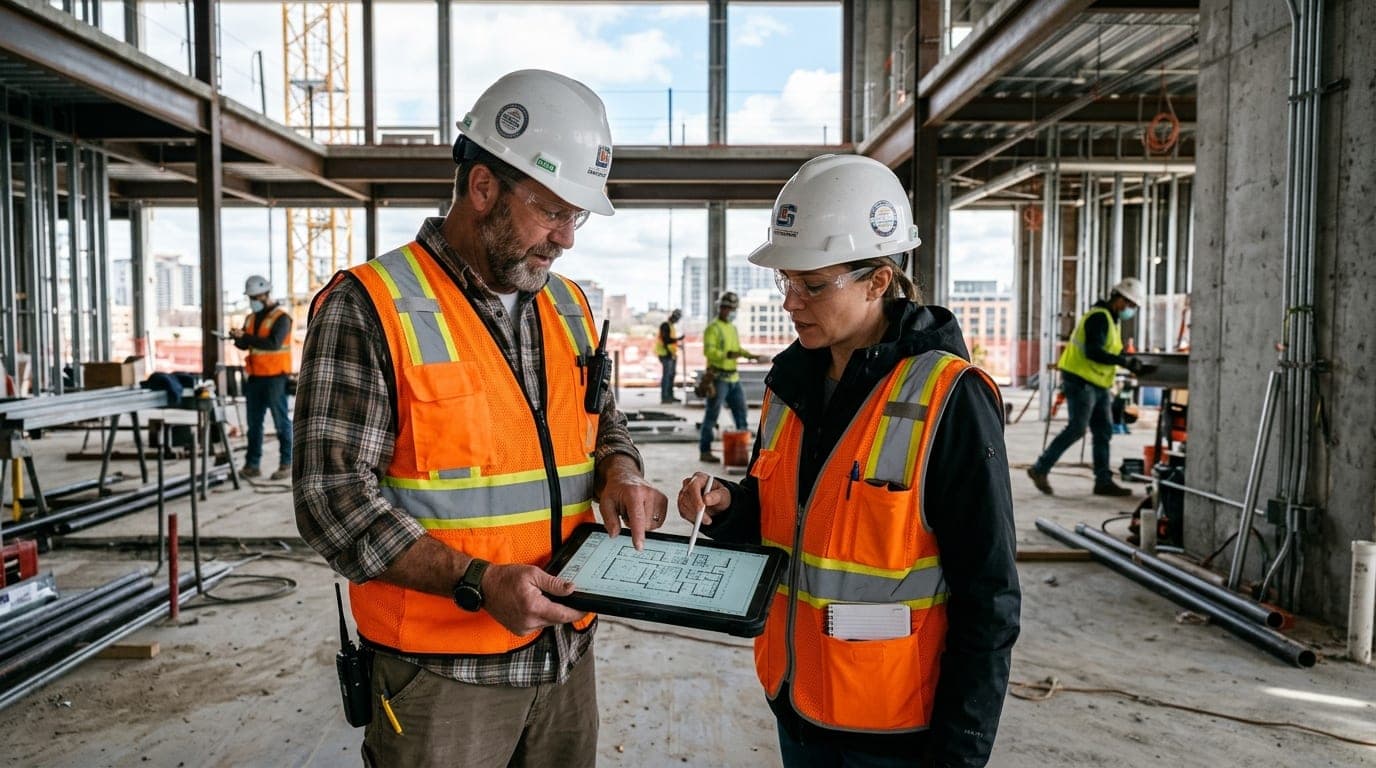 Commercial contractor reviewing AIA progress billing documents on site