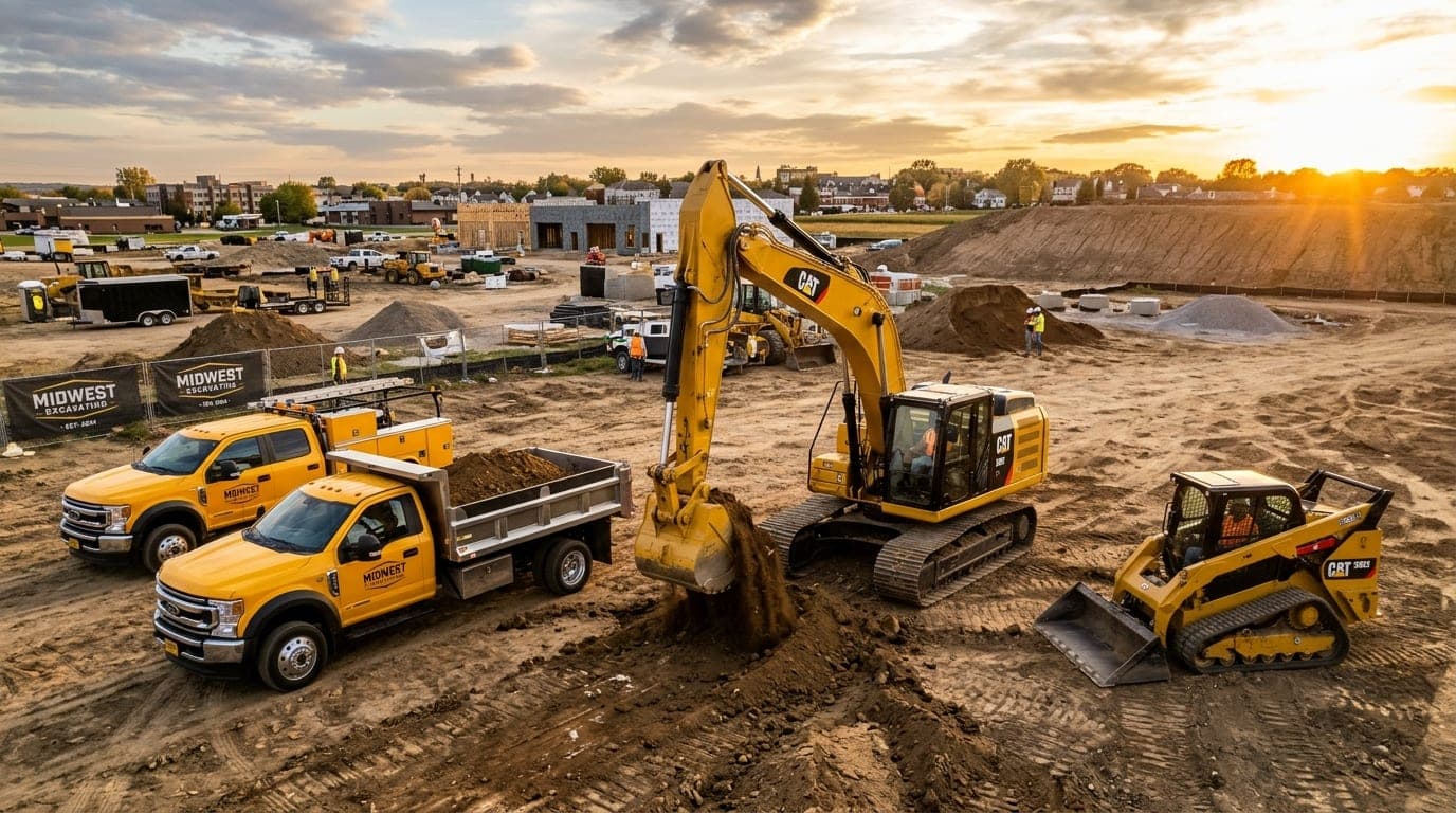 Heavy excavators, machinery and commercial trucks on construction site