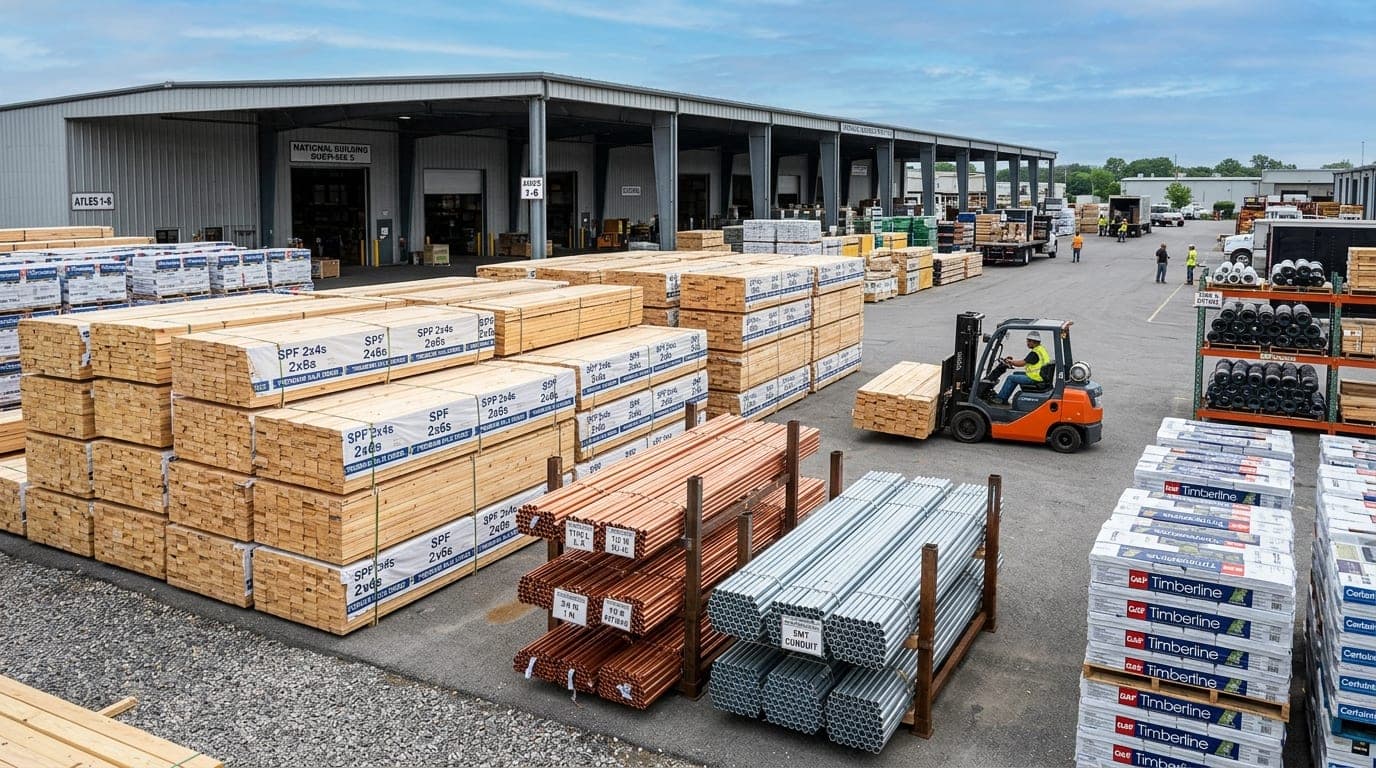 Bulk building materials, structural lumber and steel on active jobsite