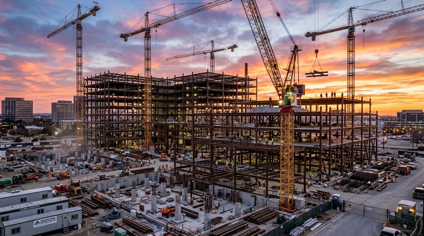 Large scale commercial jobsite mobilization with tower cranes and crew