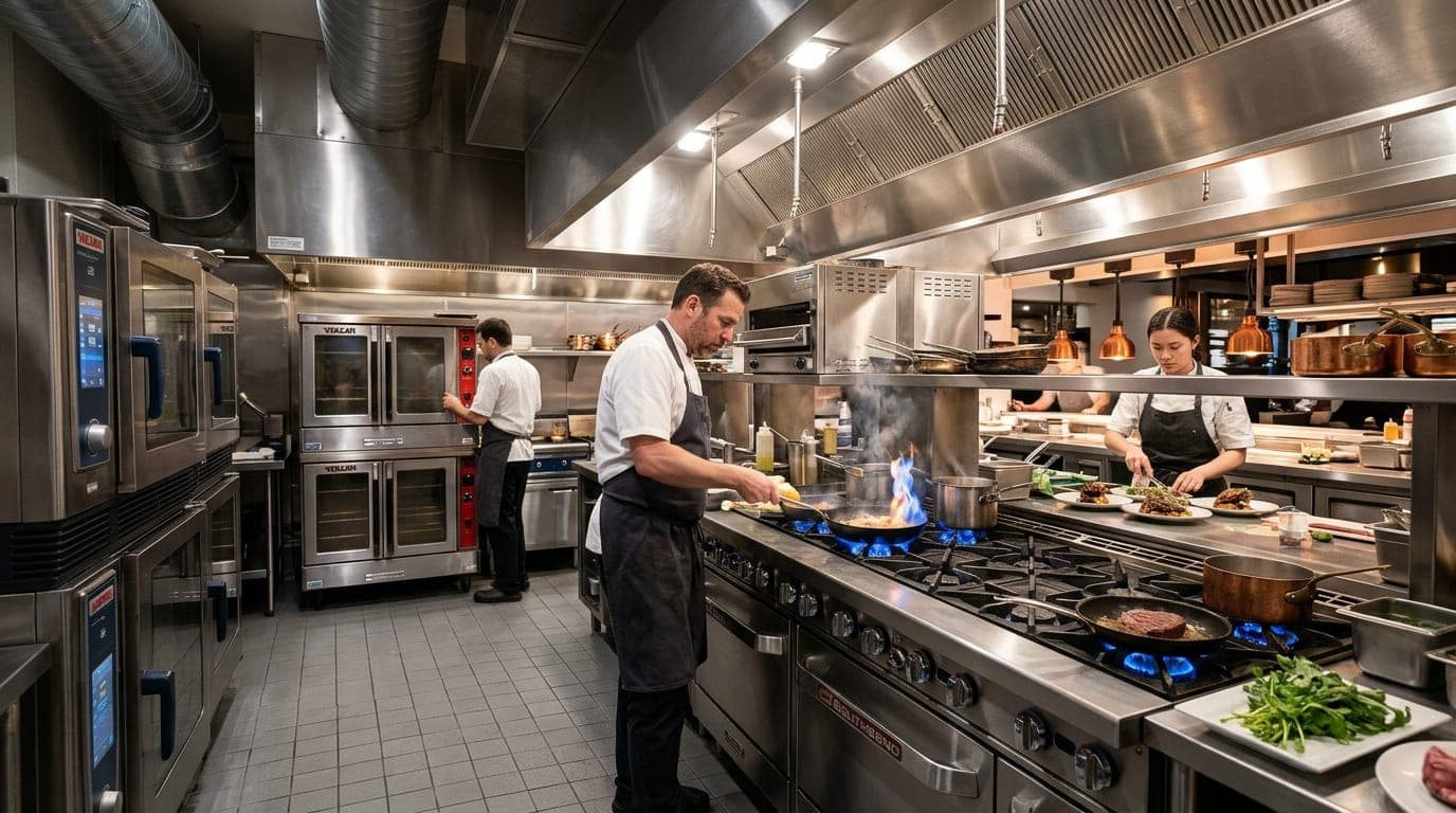 Stainless steel commercial cooking line with ranges and ventilation in busy kitchen
