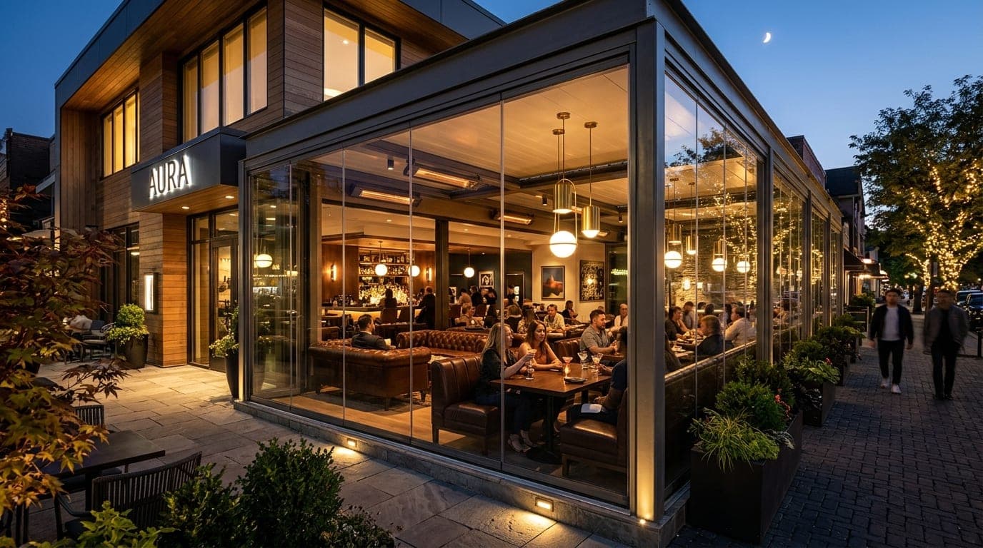 Expanded outdoor restaurant patio and dining room with evening lighting