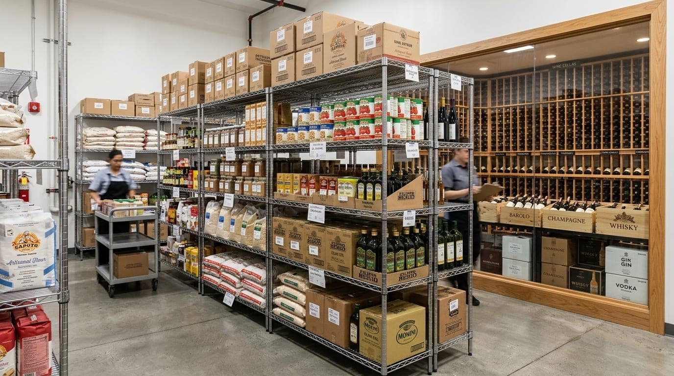 Premium wholesale wine cellar and dry storage inventory in upscale dining establishment