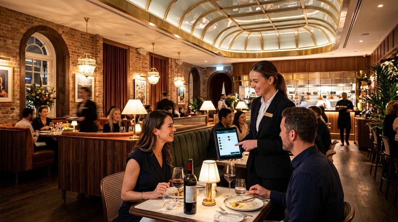 Server taking orders on handheld POS tablet in vibrant dining room