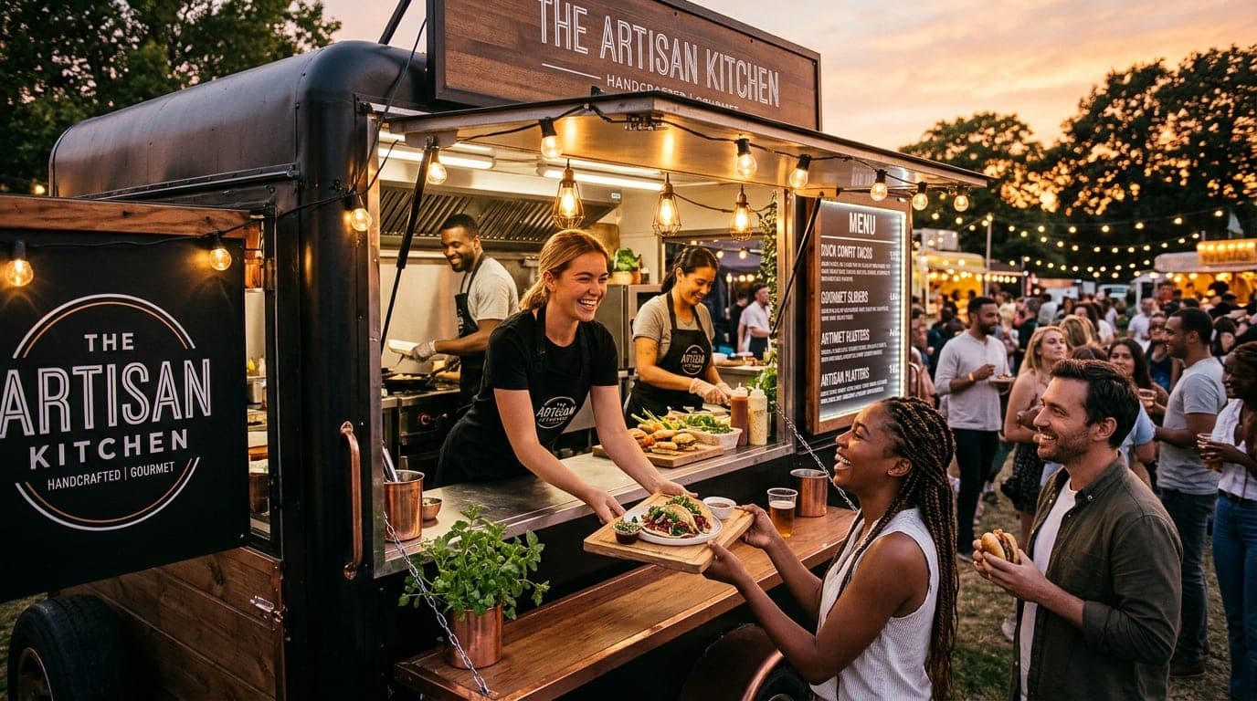 Gourmet catering food truck team serving happy customers outdoors at sunset