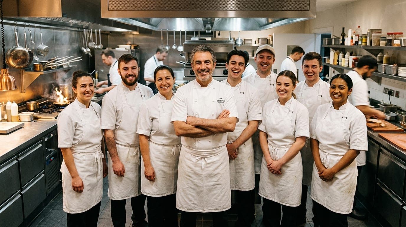 Head chef and smiling culinary team standing in commercial kitchen